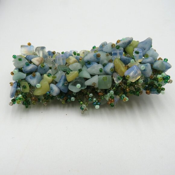 Beaded Stone Chip Wide Cuff Bracelet Green Blue Boho Chunky Statement - Picture 7 of 8
